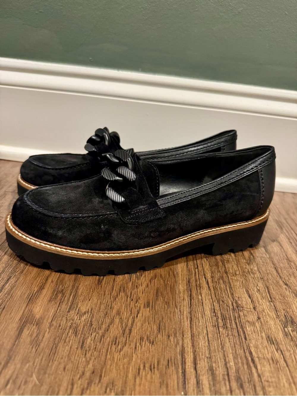 Gabor Black Suede Chunky Chain Loafers